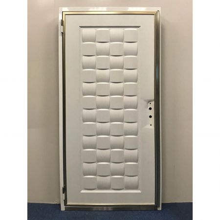 Front angle of a diamond-patterned fire door using White Oak grain PVC laminated metal to decorate its surface