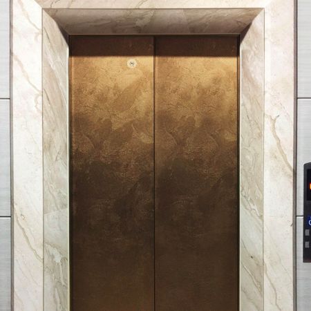 En modern hiss med stängd hissdörr, dess yta är dekorerad med mässingsfriese laminatplåtar