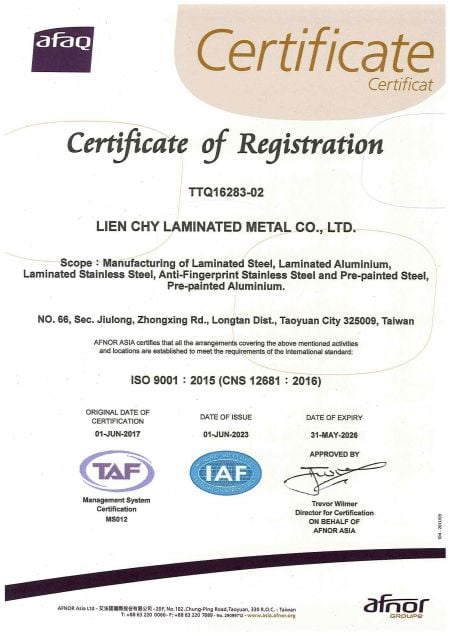 LIENCHY LAMINATED METAL certifikace ISO 9001:2015 (anglicky)