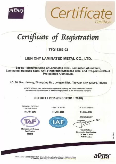 Certifikace ISO 9001:2015 společnosti LIENCHY LAMINATED METAL (angličtina)