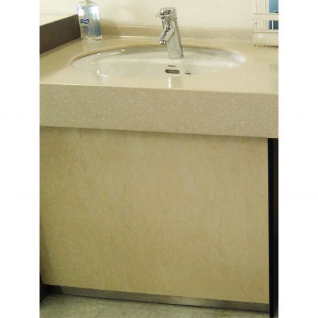 Front view, the wall beneath the sink is decorated with shiny  Marble Phoenix laminated metal plate.