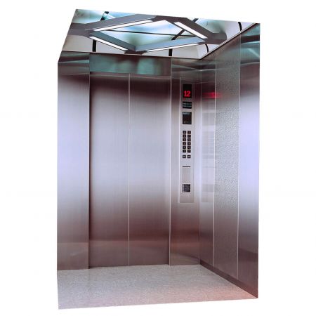 Egy hagyományos stílusú liftben a lift falai mind átlátszó matt bevonattal ellátott ujjlenyomatmentes rozsdamentes acéllemezekkel vannak díszítve