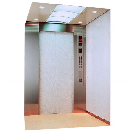 Inside a traditional style elevator, the walls of the elevator are decorated with  Transparent Matte Finish Anti-fingerprint Stainless Steel plates, and the elevator doors are decorated with white laminated metal plates