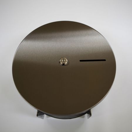 Tampilan depan dispenser kertas toilet stainless steel berkualitas tinggi, terbuat dari plat Stainless Steel Anti Sidik Jari Warna Hitam Tungsten