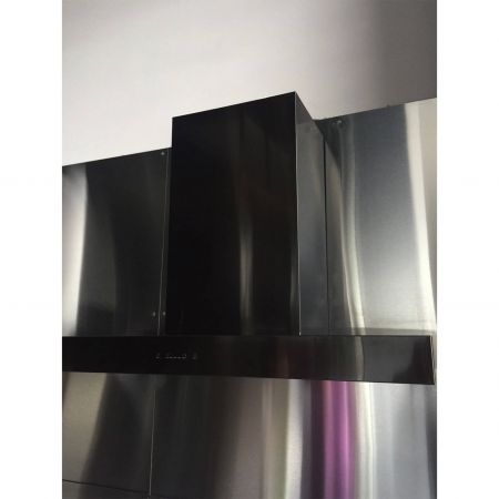 Using trendy black anti-fingerprint stainless steel as surface decoration, closer front view of the neatly styled T-shape range hood