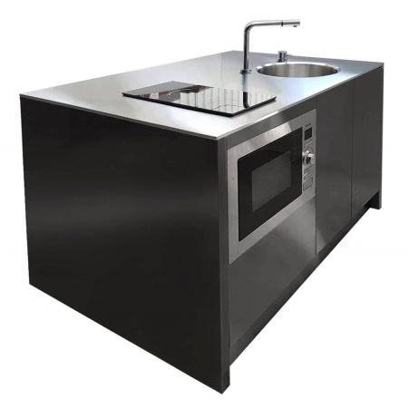 A kitchen countertop that uses trendy black anti-fingerprint stainless steel as surface decoration and has a streamlined shape