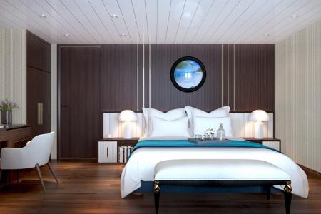 Dormitorio que utiliza placa de metal laminado de grano de madera oscura en los paneles de pared.