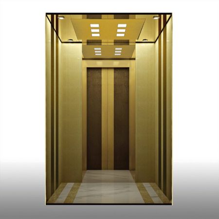 Лифтовая стена, украшенная ламинированными металлическими стальными плитами с персидским золотым текстурным рисунком.