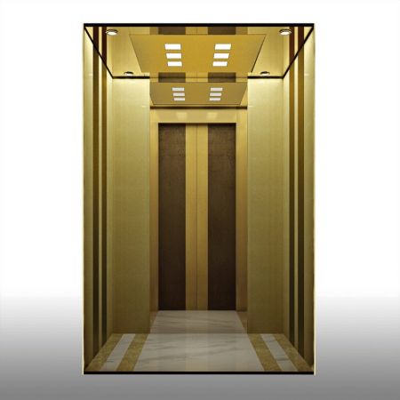 Mur d'ascenseur décoré avec des plaques d'acier laminées à texture or persan.
