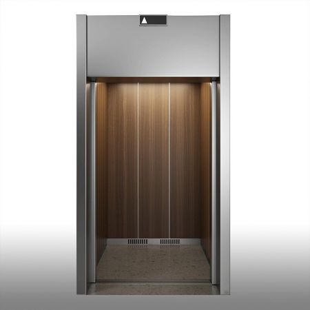 Elevator wall decorated with Dark Teak Grain laminated metal steel plates