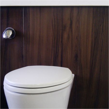 Restroom wall finished with B112 Brown Walnut Grain Laminated Metal Plates