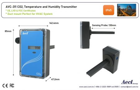 Duct mount CO2, temperature and humidity transmitter