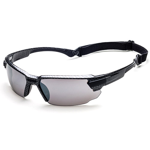 Gafas de seguridad con lentes intercambiables y cordón accesorio.