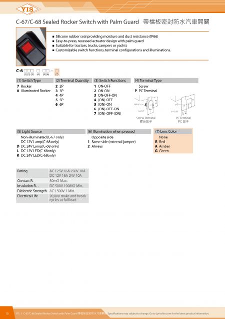 C-67/C-68 Sealed Rocker Switch with Palm Guard