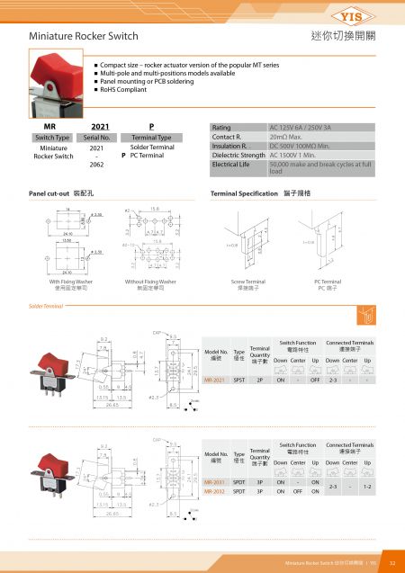 Interruptor basculante em miniatura