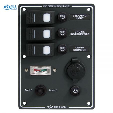 Switch Panel with Battery Gauge & Cig. Socket - SP3033F-Water-resistant Switch Panel with Cig. Socket and Battery Gauge