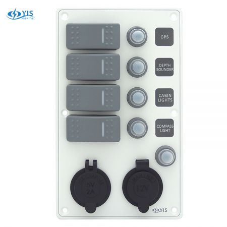 Алюминиевая панель переключателей с гнездом для прикуривателя и USB-зарядкой - SP3244P-Водонепроницаемая панель переключателей с разъемом USB-зарядки и прикуривателем (белый)