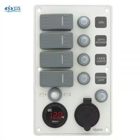 Aluminum Switch Panel with Battery Gauge & Cig. Lighter Socket - SP3264P-Water-resistant Switch Panel with Battery Gauge Socket and Cig. Lighter (White)