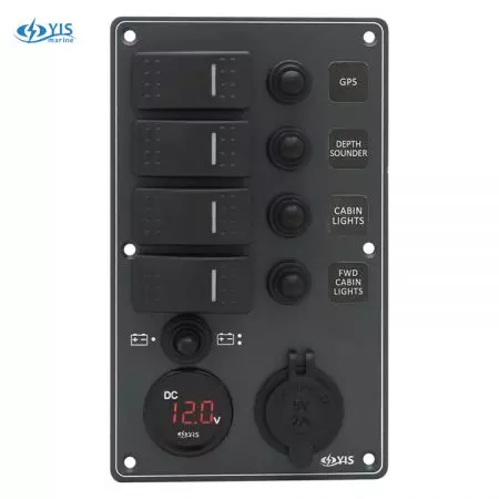 Aluminum Switch Panel with Battery Gauge & USB Charger Socket - SP3274P-Water-resistant Switch Panel with Battery Gauge Socket and USB Charger (Dark Gray)