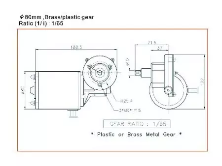 120W Worm Gear Motor 12V 24V DIA80 ASTG7256 Dimension