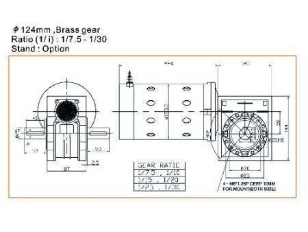 600W 蝸輪式050減速機,外徑124 WG1188 050  24V 48V 尺寸圖。