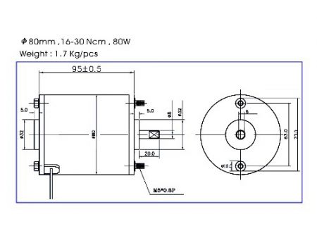 Dimensiones del Motor de CC 80W 12V 24V KR7135