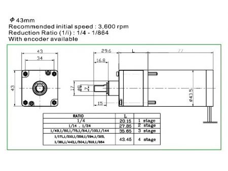 Planetary Gear Motor PT3929 Dia43 dimension.