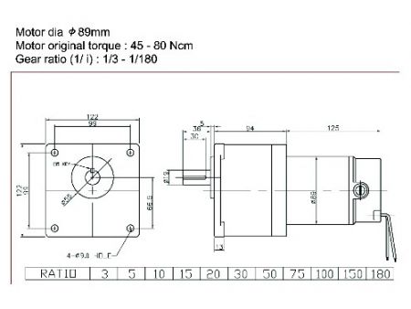 文吉電機高負載塔輪式馬達 (正齒輪減速機) SF8156尺寸圖,減速比:1/3 - 1/180。