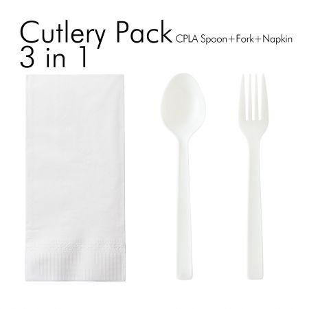 環保三合一匙+叉餐包組(訂購生產) - 三合一環保外帶餐具組合，內附玉米澱粉湯匙、環保材質叉子和餐巾紙