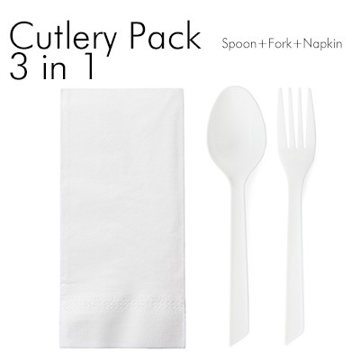 三合一匙叉組合 - 三合一匙叉組合包含白色PP湯匙、白色PP叉子、餐巾紙，一箱有500套