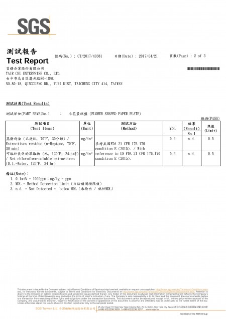 2017 FDA Paper Cake Plate SGS Test Report