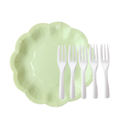 Piatto di carta verde con forchetta per torta - Piatto per torta verde e forchetta per torta color perla