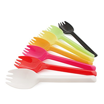 Cuillère alimentaire de 13 cm avec une forme spéciale - Fournir une cuillère à dessert en plastique colorée de 13 cm, combinant les caractéristiques d'une cuillère et d'une fourchette.