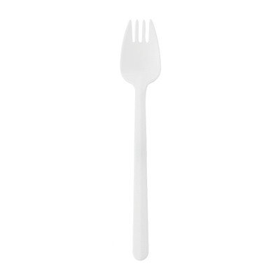 白い長い柄のプラスチックフォークとナイフ