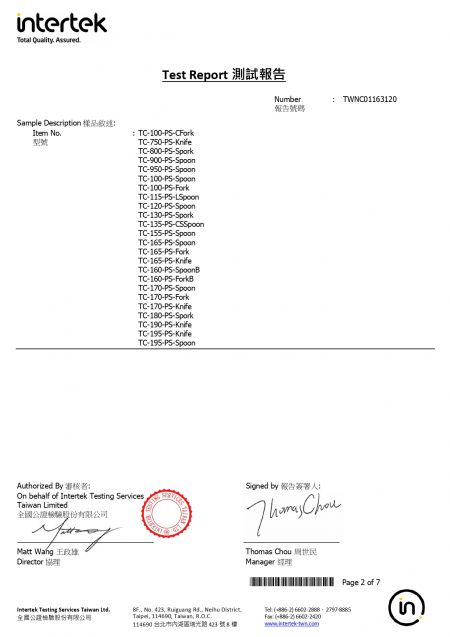 2023 TFDA Certification For PS Cutlery