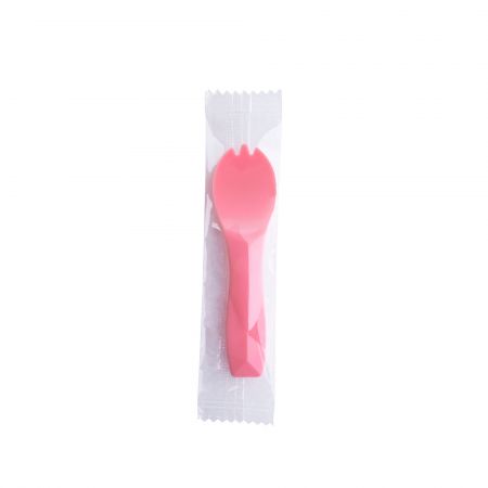 Colher-garfo para sorvete colorida embalada individualmente - Colher-garfo colorida de 8cm embalada individualmente para sobremesa