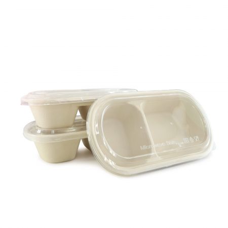 Lonchera de bagazo ovalada de compartimentos y tapa de plástico transparente (800 ml) - Caja de comida de bagazo ovalada de doble compartimento + tapa transparente