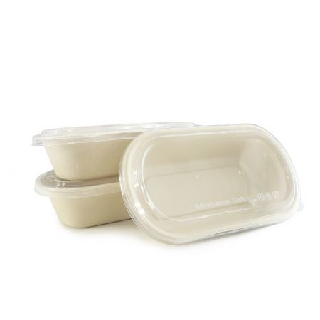 Recipiente oval de bagaço para alimentos e tampa transparente (800ml) - Recipiente oval descartável biodegradável para alimentos e tampa transparente