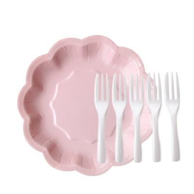 Plato rosa con tenedor para tarta - Plato de tarta rosa y tenedor para tarta de perla
