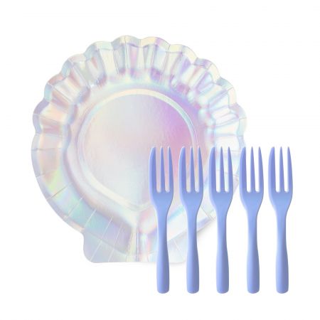 Iridescent Shell Cake Plate Set - The shell-shaped cake plate set is for an exclusive party of a dreamy ocean theme. The shell paper plate has pearl sparkle, collocation with the lavender cake fork, let's go to the ocean party together.
