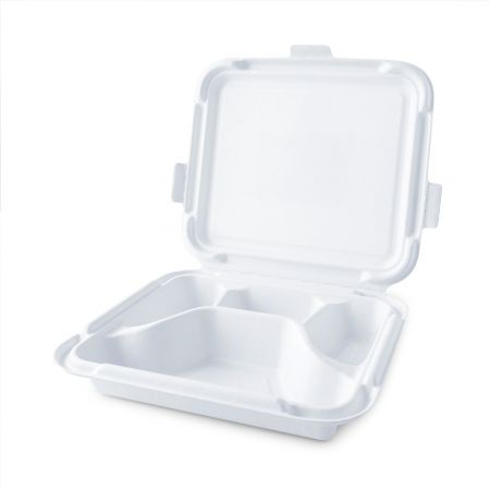 Clamshell Four Grid Bagasse Container - The clamshell bagasse lunch container has multi-box to dish the meal.