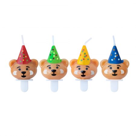 Bear Party Candle - Bear-shaped birthday candles wearing party hats are here to celebrate your special day with you! Each box contains 4 bear-shaped candles with different colored party hats, and they are shipped in units of 15 boxes.