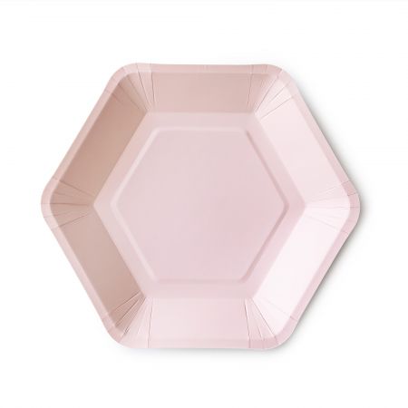 Pylący różowy talerz w kształcie heksagonu - Sześciokątny papierowy talerz w ziemistoróżowej tonacji jest lepiej dopasowany do przyjęcia w stylu królewskim. Tajemnicze różowe odcienie podnoszą wygląd ciasta, a można go uzupełnić dostępnymi do zakupu widelcami do ciasta, w opakowaniu po 2400 sztuk