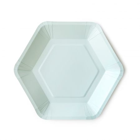 Sea Mist Green Hexagon-shaped Paper Plate - The hexagonal sea mist green cake paper plate is perfect for a literary forest-themed party. The gentle green hue of the cake plate effortlessly blends into the party atmosphere. It can be paired with cake forks available for purchase, with 2400 pieces per box.