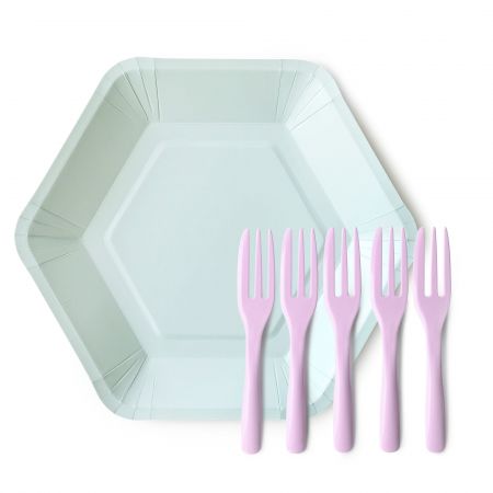 Sea Mist Green Hexagon Plate and Purple Fork - Sea mist green hexagon-shaped cake plate with Lilac Icing cake fork has five plates and forks, 200 sets per carton.