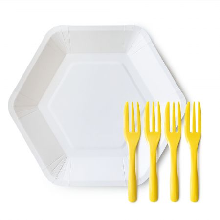 White Hexagon Plate and Yellow Fork - Polygonal white cake plate with light yellow cake fork has four plates and forks, 200 sets per carton.