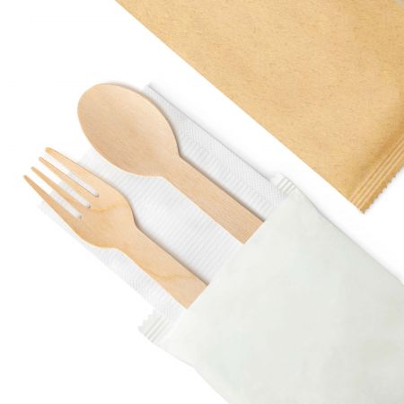 Kraft Paper-Wrapped 3-in-1 Wooden Cutlery Set - A set of 500 wooden 3-in-1 cutlery kits, including a 16cm wooden spoon, a 16cm wooden fork, and a 13-inch paper napkin, all wrapped in paper bag or kraft paper bags.
