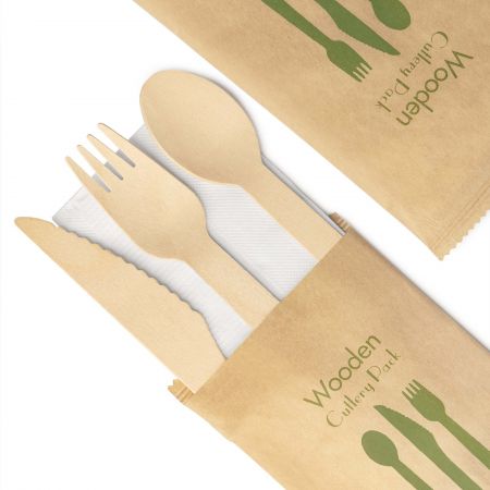 Kraft Paper-Wrapped 4-in-1 Wooden Cutlery Set - A set of 500 wooden 3-in-1 cutlery kits, including a 16cm wooden spoon, a 16cm wooden fork, a 16.5cm wooden knife, and a 13-inch paper napkin, all wrapped in kraft paper bags.