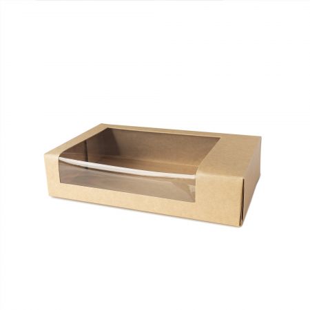 Medium Kraft Window Snack Box - Looking for a practical way to pack pastries and snacks? This medium kraft paper window box makes it easy for customers to view your products while keeping them safe during transport. A great choice for cafes and snack shops offering takeaway options.