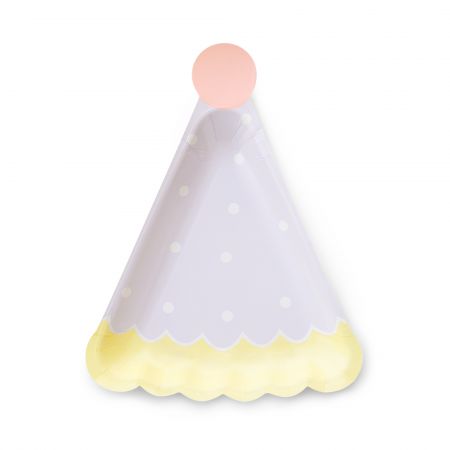 Prato de papel em forma de chapéu de aniversário - Uau, é a primeira vez que vejo um prato de papel em forma de chapéu de aniversário! O design triangular do prato é perfeito para servir fatias de bolo e algumas sobremesas. Cada caixa contém 2400 peças.